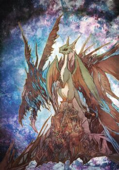 black_sclera colored_sclera commentary_request copyright_name creature creature_focus debris dragon final_fantasy final_fantasy_xiv midgardsormr_(final_fantasy) no_humans orange_eyes ruka_(blueplus84) small_dragon twitter_username