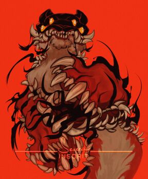 absurdres alternate_form animal_focus artist_name chest_mouth claws colored_sclera commentary constricted_pupils dream_tiger_(govy9807) dripping english_commentary extra_eyes extra_mouth highres liquid monster no_humans open_mouth original red_background severinlee sharp_teeth simple_background solo teeth tusks white_eyes yellow_sclera