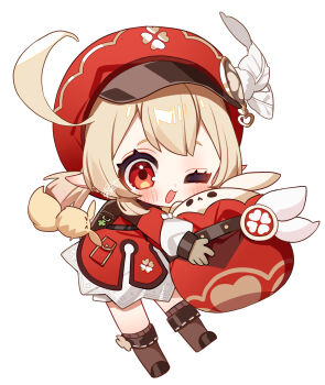 Rule 34 | 1girl, absurdres, ahoge, blonde hair, blush, brown gloves, brown shoes, chibi, chibi only, commentary request, dodoco (genshin impact), dress, genshin impact, gloves, hat, highres, holding, jumpy dumpty, klee (genshin impact), long sleeves, looking at viewer, meda cha, newsboy cap, one eye closed, open mouth, red dress, red eyes, red hat, shoes, signature, simple background, solo, white background