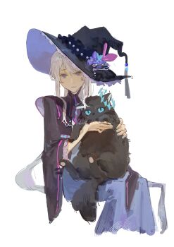 1boy 1girl absurdres alternate_costume artist_request black_cat blue_eyes cat commission fate/grand_order fate_(series) hair_between_eyes hat highres long_hair looking_at_viewer morgan_le_fay_(fate) oberon_(fate) oberon_(third_ascension)_(fate) second-party_source simple_background white_background white_hair witch_hat