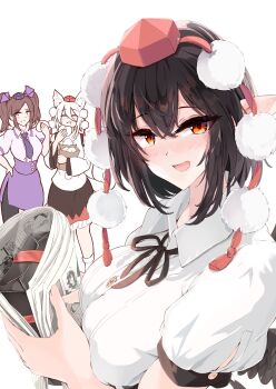 Rule 34 | 3girls, animal ears, black hair, black skirt, black wings, blush, box, brown eyes, brown hair, closed eyes, commentary, eating, food, gift, gift box, hat, high-waist skirt, highres, himekaidou hatate, holding, holding food, holding newspaper, inubashiri momiji, kagami toufu, long hair, looking at viewer, medium hair, multiple girls, necktie, newspaper, open mouth, pointy ears, pom pom (clothes), purple hat, purple necktie, purple skirt, red eyes, red hair, red hat, shameimaru aya, shirt, short hair, short sleeves, simple background, skirt, tengu, tokin hat, touhou, twintails, upper body, white background, white hair, white shirt, wings, wolf ears, wolf girl