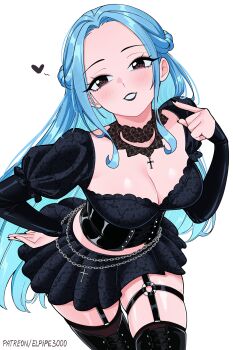 1girl absurdres black_choker black_lips black_nails black_skirt black_thighhighs blue_eyes breasts brown_eyes choker cowboy_shot elpipe_3000 goth_fashion heart highres large_breasts long_hair nefertari_vivi one_piece patreon_username simple_background skirt smile solo thighhighs thighs white_background zettai_ryouiki
