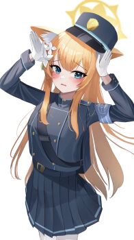 1girl absurdres animal_ear_fluff animal_ears armband black_hat black_jacket black_skirt blue_archive blue_armband blue_eyes blush buttons cat_ears cat_girl commentary cosplay cowboy_shot double-breasted eyelashes flower frown gloves hair_between_eyes hair_down hair_flower hair_ornament halo hands_up hat highres hikari_(blue_archive) hikari_(blue_archive)_(cosplay) jacket leaf_hair_ornament long_hair long_sleeves looking_at_viewer lunar_(pixiv53683306) making_faces mari_(blue_archive) miniskirt open_mouth orange_hair peaked_cap pleated_skirt sidelocks simple_background skirt solo straight_hair tsurime very_long_hair wavy_mouth white_background white_flower white_gloves yellow_halo