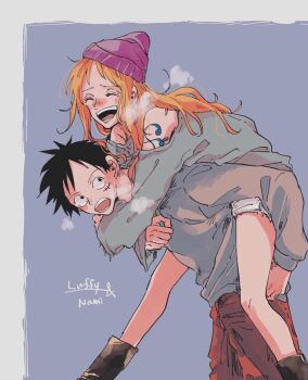 1boy 1girl alternate_costume arms_around_neck bare_shoulders beanie black_hair blush boots breath brown_boots carrying character_name closed_eyes commentary_request facial_scar feet_out_of_frame frayed_shorts grey_shirt hat hebi_d_hebi highres long_hair long_sleeves monkey_d._luffy nami_(one_piece) off-shoulder_shirt off_shoulder one_piece open_mouth orange_hair piggyback purple_hat red_shorts scar scar_on_cheek scar_on_face shirt short_hair shorts shoulder_tattoo tattoo wavy_hair white_shorts winter