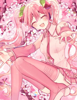 1girl absurdres arm_tattoo blush boots breasts cherry_blossoms cherry_hair_ornament closed_eyes collared_shirt commentary_request detached_sleeves flower food-themed_hair_ornament foot_out_of_frame hair_between_eyes hair_ornament hatsune_miku headphones headset highres long_hair long_sleeves medium_breasts necktie number_tattoo open_mouth pink_flower pink_hair pink_necktie pink_petals pink_skirt pleated_skirt sakura_miku shirt skirt sleeveless sleeveless_shirt smile solo tattoo thigh_boots twintails very_long_hair vocaloid white_shirt yu_(032800201)