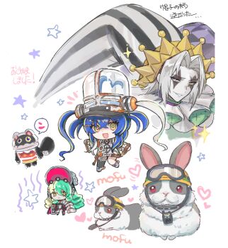 Rule 34 | 1boy, 2girls, animal ears, asymmetrical eyelashes, asymmetrical legwear, black cat, blonde hair, blue hair, cat, clown, clown crew biancaviso, dress, duel monster, facial mark, food-themed creature, goggles, goggles on head, green hair, hat, jester, jester cap, jester costume, jewelry, kewl tune cue, kewl tune rotary, long hair, multicolored hair, multicolored hat, multiple girls, necklace, rabbit, rabbit ears, rescue rabbit, see-through clothes, see-through dress, see-through hat, shako cap, single thighhigh, smile, speech bubble, star (symbol), striped clothes, striped headwear, thighhighs, tojitama5, translation request, twintails, two-tone hair, vertical-striped clothes, vertical-striped headwear, white background, white hair, yellow eyes, yu-gi-oh!