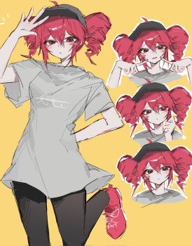 1girl ahoge baseball_cap black_hat black_pants blush blush_stickers character_name closed_mouth cursive drill_hair fingers_to_cheeks frown furrowed_brow grey_shirt hair_between_eyes hat highres index_finger_raised kasane_teto looking_at_viewer multiple_views override_(synthesizer_v) pants parted_lips pointing pointing_at_self red_eyes red_hair red_shoes shirt shoes short_hair short_sleeves simple_background t-shirt tearing_up twin_drills twintails ummwa utau yellow_background