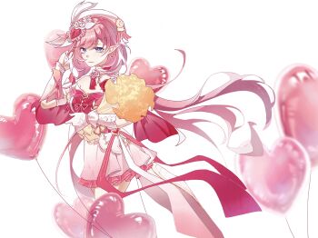 1girl balloon blue_eyes bouquet breasts cleavage dress earrings elf elysia_(hi_love_elf)_(honkai_impact) elysia_(honkai_impact) flower gloves hat heart heart_balloon heart_earrings highres holding holding_bouquet honkai_(series) honkai_impact_3rd jewelry large_breasts long_hair looking_at_viewer multicolored_hair pink_hair pointy_ears red_dress simple_background solo true1011 two-tone_dress two-tone_hair very_long_hair white_background white_dress white_gloves white_hair white_hat