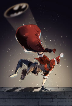 1boy bat_signal batman_(series) black_footwear black_gloves bodysuit brown_jacket christmas dc_comics full_body fur-trimmed_headwear fur_trim gloves grey_bodysuit hat highres holding jacket jason_todd jjmk-jjmk male_focus mask merry_christmas multicolored_bodysuit muscular muscular_male open_clothes pants red_hat red_hood_(dc) red_mask sack santa_hat solo superhero_costume two-tone_bodysuit weapon