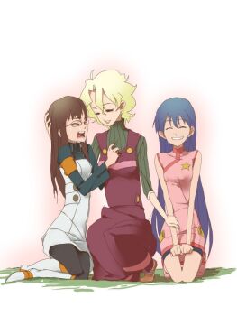 00s 3girls blonde_hair blue_hair brown_hair china_dress chinese_clothes crying dress closed_eyes glasses kinon_bachika kiyal_bachika kiyoh_bachika long_hair mochihada multiple_girls pantyhose ribbed_sweater seiza siblings sisters sitting sweater tengen_toppa_gurren_lagann thigh_gap uniform very_long_hair