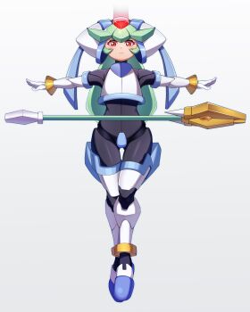 1girl armor bonoshii crotch_plate forehead_jewel full_body green_hair helmet highres long_hair mega_man_(series) mega_man_zx pandora_(mega_man) red_eyes simple_background solo staff t-pose white_armor white_background white_helmet