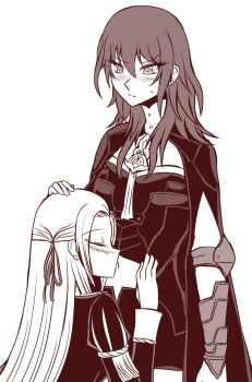 Rule 34 | 2girls, armor, black armor, black bodice, black cape, black shorts, blush, breasts, cape, closed eyes, closed mouth, clothing cutout, cowboy shot, edelgard von hresvelg, epaulettes, female byleth (fire emblem), fire emblem, fire emblem: three houses, garreg mach monastery uniform, gloves, hair ornament, hair ribbon, hand on another's head, hand on another's stomach, highres, kiss, kissing stomach, long hair, long sleeves, lovecraftian-trash, medium breasts, monochrome, multiple girls, navel, navel cutout, nintendo, parted lips, ribbon, shorts, simple background, sweatdrop, upper body, vambraces, white background, white gloves, yuri