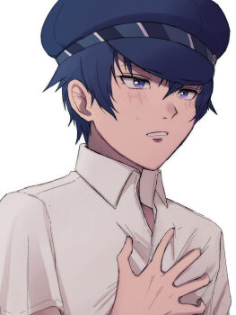 1girl androgynous blue_hair blue_hat blush clothes_grab collared_shirt commentary_request embarrassed hair_between_eyes hat highres looking_ahead persona persona_4 reverse_trap shirogane_naoto shirt shirt_grab short_hair simple_background solo upper_body usa_(kawaii_152cm) white_background white_shirt