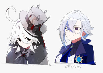 2girls absurdres ahoge arlecchino_(genshin_impact) black_eyes black_streaks blue_streaks color_switch commentary_request furina_(genshin_impact) genshin_impact hair_between_eyes hat heterochromia highres medium_hair multiple_girls owl_5151 simple_background smile symbol-shaped_pupils top_hat twitter_username white_background white_hair x-shaped_pupils