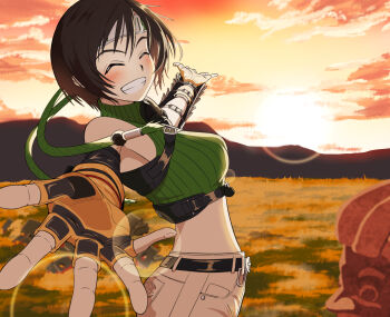 1girl bare_shoulders belt blush breasts brown_hair closed_eyes cloud cloudy_sky commentary_request cowboy_shot cropped_sweater facing_viewer final_fantasy final_fantasy_vii final_fantasy_vii_rebirth final_fantasy_vii_remake fingerless_gloves from_side gloves grass green_sweater grin kazaguruma2600 medium_breasts mountainous_horizon open_hands orange_gloves outdoors outstretched_arms short_hair shorts sky sleeveless sleeveless_turtleneck smile solo sunset sweater turtleneck turtleneck_sweater yuffie_kisaragi