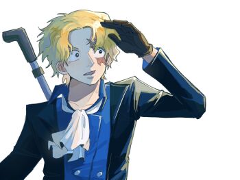1boy ascot blonde_hair blue_shirt brown_gloves coat commentary gangan233 gloves hashtag-only_commentary highres looking_to_the_side male_focus one_piece open_mouth sabo_(one_piece) scar scar_on_face shirt short_hair simple_background solo symbol-only_commentary upper_body white_ascot white_background