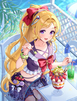 1girl :d aki_rosenthal beach blonde_hair bow breasts chikabo_m commentary_request food fruit green_scrunchie hair_bow hair_ornament holding holding_spoon hololive holonatsu_paradise ice_cream long_hair looking_at_viewer melon_soda open_mouth outdoors parted_bangs ponytail purple_eyes red_bow scrunchie sitting skirt smile solo spoon sundae virtual_youtuber water