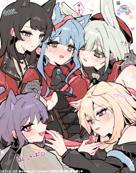 5girls amoris_(bang_dream!) animal_ears ascot bang_dream! bang_dream!_it's_mygo!!!!! beret black_ascot black_corset black_gloves black_hair blonde_hair blue_eyes blue_hair blush breasts capelet cat_ears cat_girl cat_tail chinese_commentary clothing_cutout commentary_request controller corset doloris_(bang_dream!) gangbang gloves green_background green_hair grey_gloves groping group_sex hair_between_eyes harem hat highres holding holding_remote_control kemonomimi_mode kyou_039 long_hair medium_breasts medium_hair misumi_uika mortis_(bang_dream!) mortis_(costume)_(bang_dream!) mouth_hold multiple_girls oblivionis_(bang_dream!) open_mouth pink_eyes purple_eyes purple_hair rabbit_ears rabbit_girl red_capelet red_hat red_shirt remote_control remote_control_vibrator sex_toy shirt short_hair shoulder_cutout sweatdrop tail timoris_(bang_dream!) togawa_sakiko vibrator wakaba_mutsumi white_ascot yahata_umiri yellow_eyes yuri yuutenji_nyamu