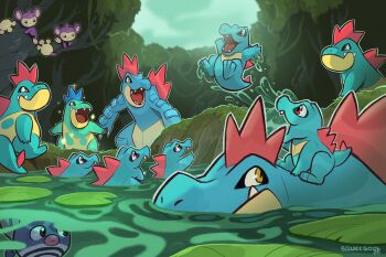 aipom alternate_color animal_focus claws closed_mouth crocodilian croconaw evolutionary_line fangs feraligatr forest gen_1_pokemon gen_2_pokemon grin jumping lily_pad monkey nature nintendo no_humans open_mouth outdoors pokemon pokemon_(creature) pokemon_focus poliwag pond red_eyes sharp_teeth shiny_pokemon sky smile squeegool swimming tail teeth totodile tree underwater water yellow_eyes