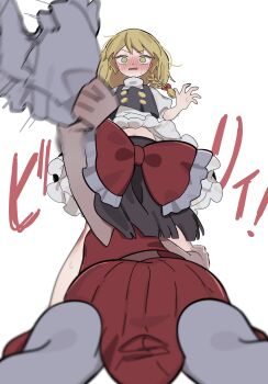 2girls absurdres back black_skirt black_vest blonde_hair bloomers bloomers_pull blush bow braid brown_hair convenient_censoring embarrassed from_below hakurei_reimu highres holding_bloomers kirisame_marisa long_hair looking_at_viewer medium_hair multiple_girls navel niru_(ka_k_0517) red_bow red_shirt red_skirt shirt short_sleeves skirt socks touhou underwear vest white_background white_bloomers white_shirt white_socks yellow_eyes