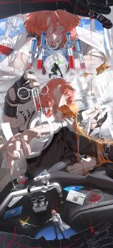 1boy 1girl absurdres ahoge animal arm_belt bandaged_arm bandages bandaid bandaid_on_arm barefoot belt black_belt black_dress black_gloves black_pants black_pantyhose black_shoes blonde_hair blood blood_bag blood_on_clothes blood_on_face blood_on_hands blunt_bangs blush bow card cat chest_belt cloud cloudy_sky coat coat_on_shoulders collared_shirt colored_eyelashes commission day doctor dress dripping eyelashes faucet fingerless_gloves fingernails flask gloves green_eyes green_hair hair_bow heart hetero high_heels highres holding holding_syringe hug intravenous_drip jacket jewelry lab_coat leaning_on_person leg_belt long_hair long_sleeves looking_at_another looking_at_viewer low-tied_long_hair mau_sakura multicolored_hair multiple_views necktie open_mouth orange_hair original outdoors outstretched_arm pants pantyhose parted_lips red_hair sharp_fingernails shirt shoes short_hair short_sleeves sitting skeb_commission sky smile standing streaked_hair surreal syringe teeth tongue tongue_out two-tone_hair water_drop white_bow white_coat white_eyelashes white_shirt yellow_eyes yellow_necktie