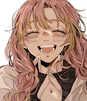 1girl black_jacket braid breasts cleavage closed_eyes gradient_hair green_hair hair_over_shoulder haori highres jacket japanese_clothes kanroji_mitsuri kimetsu_no_yaiba mole mole_under_each_eye mole_under_eye multicolored_hair multiple_braids multiple_moles open_mouth parted_bangs pink_hair smile solo upper_body white_background white_haori yakitorisan09