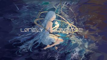 absurdres bare_legs barefoot dress from_behind grey_hair highres ichika_(ichika87) lonely_universe_(vocaloid) long_hair ocean shooting_star sitting water white_dress white_hair