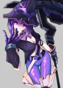 1girl armored_gloves axe battle_axe belt black_rock_shooter black_rock_shooter_(game) breasts collar crossed_belts grey_background halberd hat highres juusanya_sakuya medium_hair mefe polearm purple_hair solo weapon witch_hat
