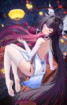 Rule 34 | 1girl, absurdres, aichinaigai, back, backless dress, backless outfit, bare shoulders, black hair, blush, bridal gauntlets, chinese commentary, closed eyes, closed mouth, columbina (genshin impact), commentary request, dress, eye mask, feet, fingernails, from behind, full body, genshin impact, hair ornament, hand up, highres, lantern, legs, long hair, long sidelocks, mask, multicolored hair, night, no shoes, outdoors, paper lantern, partial commentary, pelvic curtain, purple hair, sidelocks, sitting, smile, soles, solo, thighhighs, toes, very long hair, white bridal gauntlets, white dress, white thighhighs, wing hair ornament