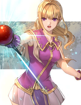 1girl armpit_peek armpits blonde_hair breasts clarine_(fire_emblem) commentary cowboy_shot delsaber dress fire_emblem fire_emblem:_the_binding_blade gloves highres holding holding_staff long_hair looking_at_viewer medium_breasts nintendo open_mouth outstretched_arms ponytail purple_eyes purple_gloves short_dress short_sleeves solo spread_arms staff