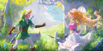 1boy 1girl arch armor balo_badartist bandaid bandaid_on_neck belt blonde_hair blood blood_on_arm blue_butterfly blue_eyes blue_sky blue_tabard brown_belt brown_gloves bug building butterfly castle cloud cloudy_sky collared_shirt commentary day detached_wings dress earrings elbow_gloves elf english_commentary fairy fairy_wings fingerless_gloves floating_hair flower from_side gem gloves gold_belt gold_tiara grass green_hat green_tunic hand_up hat high_collar highres holding_ocarina insect instrument jewelry link long_dress long_hair looking_at_another master_sword navi nintendo ocarina open_mouth outdoors parted_bangs parted_lips pink_dress pointy_ears princess_zelda red_gemstone scabbard scar scar_on_face scar_on_mouth sheath shield shield_on_back shirt short_hair shoulder_armor sidelocks signature sky sleeveless sleeveless_dress standing sword sword_on_back tabard teeth the_legend_of_zelda the_legend_of_zelda:_ocarina_of_time tiara torn_clothes torn_shirt tree triforce tunic two-tone_dress upper_teeth_only very_long_hair weapon weapon_on_back white_dress white_gloves white_shirt wind wings