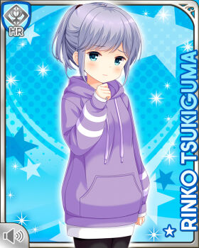 Rule 34 | 1girl, black leggings, blue background, blue eyes, breasts, card (medium), closed mouth, frontal view, girlfriend (kari), hair bun, hoodie, leggings, medium hair, official art, purple hoodie, qp:flapper, silver hair, single hair bun, small breasts, solo, standing, tagme, tsukiguma rinko