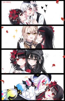 5girls beret black_border black_choker black_gloves black_hair black_hat black_jacket blonde_hair border bow choker closed_mouth commentary_request epaulettes eye_contact face-to-face flower flying_sweatdrops gloves goggles goggles_on_headwear gradient_hair grey_eyes hair_flower hair_ornament hands_on_another&#039;s_neck hasumi_leia hat heterochromia highres holding_hands interlocked_fingers jacket jogasaki_noah kurobe_nanoka lemon_t long_hair looking_at_another mahou_shoujo_no_majo_saiban multi-tied_hair multicolored_hair multiple_girls multiple_views nikaido_hiro open_mouth petals pink_eyes pink_hair polka_dot polka_dot_bow red_eyes red_flower sakuraba_ema sash short_hair shoulder_sash simple_background smile sparkle streaked_hair twintails white_background white_flower white_gloves white_hair x_hair_ornament yellow_eyes yuri