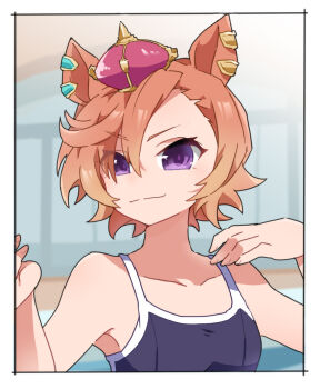 1girl bare_arms bare_shoulders beer_hsk blue_one-piece_swimsuit blurry blurry_background brown_hair closed_mouth collarbone crown depth_of_field hair_between_eyes hands_up indoors looking_at_viewer mini_crown one-piece_swimsuit pool purple_eyes smile solo swimsuit t.m._opera_o_(umamusume) umamusume upper_body water