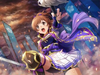 Rule 34 | 1girl, aijou karen, akechi mitsuhide (real life), akechi mitsuhide (real life) (cosplay), armor, asymmetrical dual wielding, banner, black shorts, brown eyes, brown hair, cloud, cloudy sky, cosplay, dual wielding, dutch angle, earrings, fingerless gloves, game cg, gloves, holding, holding sword, holding weapon, jewelry, katana, looking at viewer, official art, open mouth, ponytail, purple gloves, real life, sakuramon, short hair, shorts, shorts under skirt, shoujo kageki revue starlight, shoujo kageki revue starlight -re live-, skirt, sky, solo, sword, upper body, v-shaped eyebrows, weapon, white skirt