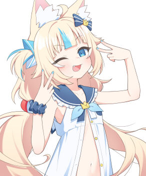Rule 34 | 1girl, ;d, absurdres, ahoge, animal ears, bare shoulders, blonde hair, blue eyes, blue nails, blue sailor collar, blue streaks, blush, bow, cat ears, commentary, double inward v, double v, fang, flat chest, hair bow, hands up, highres, indie virtual youtuber, long hair, looking at viewer, multicolored hair, navel, one eye closed, open mouth, partially unbuttoned, sailor collar, sameko saba, scrunchie, shirt, simple background, sleeveless, sleeveless shirt, smile, solo, streaked hair, symbol-only commentary, two-tone hair, ugaaaa1, upper body, v, very long hair, virtual youtuber, white background, white shirt, wrist scrunchie