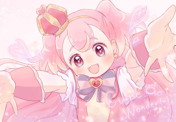 Rule 34 | 1girl, arched crown, commentary, crown, cure wonderful, english text, hat ornament, heart, heart hat ornament, koinoringo, long hair, looking at viewer, mini crown, open mouth, pink crown, pink wrist cuffs, precure, solo, wonderful precure!, wrist cuffs