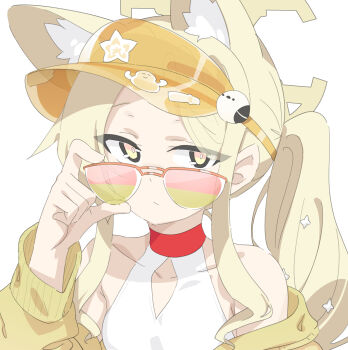 1girl above-cleavage_cutout absurdres adjusting_eyewear animal_ears bare_shoulders blue_archive choker clothing_cutout cross_halo csham diamond_cutout fox_ears fox_girl halo highres jacket jacket_partially_removed long_hair looking_at_viewer official_alternate_hairstyle one-piece_swimsuit one_side_up orange-tinted_eyewear red_choker seia_(blue_archive) seia_(swimsuit)_(blue_archive) sidelocks solo sticker sunglasses swimsuit tinted_eyewear upper_body visor_cap white_background white_one-piece_swimsuit yellow_eyes yellow_jacket yellow_visor