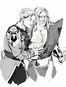 2boys arm_around_shoulder bara beard chest_hair commentary couple cowboy_shot cup english_commentary facial_hair greyscale guardians_of_the_galaxy hellfire_gala highres holding holding_cup limach-an long_hair male_focus marvel marvel_rivals monochrome multiple_boys muscular muscular_male official_alternate_costume open_mouth peter_quill sash short_hair smile star-lord star-lord_(king_of_spartax) thor_(marvel) thor_(marvel)_(series) white_background yaoi