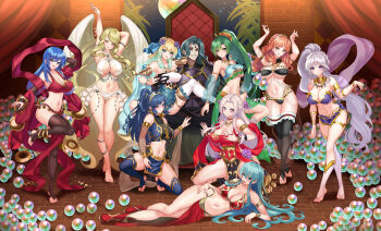 1boy 6+girls absurdly_long_hair absurdres alternate_costume alternate_hairstyle arm_strap arms_up barefoot bikini black_legwear blonde_hair blue_eyes blue_hair blush boots breasts caeda_(fire_emblem) celica_(fire_emblem) cleavage dancer dancer_(fire_emblem:_three_houses) edelgard_von_hresvelg eirika_(fire_emblem) feet fire_emblem fire_emblem:_genealogy_of_the_holy_war fire_emblem:_mystery_of_the_emblem fire_emblem:_path_of_radiance fire_emblem:_radiant_dawn fire_emblem:_the_blazing_blade fire_emblem:_the_sacred_stones fire_emblem:_three_houses fire_emblem_awakening fire_emblem_echoes:_shadows_of_valentia fire_emblem_heroes fjorm_(fire_emblem) gold_trim grabbing_another&#039;s_breast green_eyes green_hair groping hair_spread_out hair_tie hand_up harem harem_outfit highres ishtar_(fire_emblem) jewelry leanne_(fire_emblem) leg_strap long_hair lucina_(fire_emblem) lying lyn_(fire_emblem) matching_hair/eyes multicolored_hair multiple_girls navel necklace nez-box nintendo on_side open_mouth orb pelvic_curtain pimp red_footwear red_hair see-through_clothes see-through_sleeves silver_hair sitting sitting_on_person slave swimsuit thigh_strap thighhighs throne toeless_legwear toes underboob valter_(fire_emblem) very_long_hair white_wings wings yellow_eyes