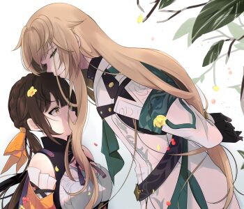 1boy 1girl amamitsutsuki12 bare_shoulders black_dress black_gloves blonde_hair branch breasts brown_hair dress gloves green_eyes highres honkai:_star_rail honkai_(series) large_breasts leaf long_hair luocha_(honkai:_star_rail) shirt sushang_(honkai:_star_rail) twintails white_shirt yellow_eyes