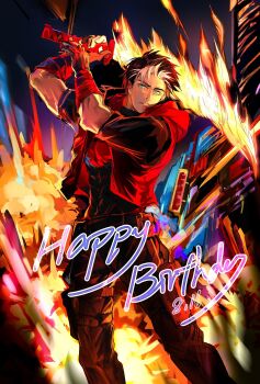 1boy batman_(series) black_gloves black_hair black_pants black_shirt bodysuit dc_comics fire flaming_sword flaming_weapon gloves grey_bodysuit highres holding holding_weapon hood hooded_vest hoodie jason_todd kimberlysc91322 male_focus multicolored_bodysuit multicolored_hair muscular muscular_male open_clothes pants pectorals red_hood_(2018_costume) red_hood_(dc) red_hood_and_the_outlaws red_vest shirt short_hair solo sword taut_bodysuit two-tone_bodysuit two-tone_hair vest weapon