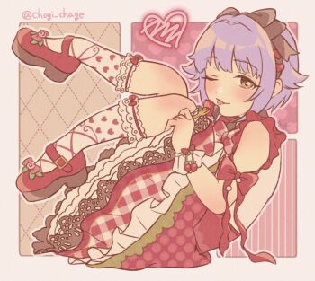 1girl ;p brown_eyes chagi_chage commentary_request dress food fruit full_body heart heart_print idolmaster idolmaster_cinderella_girls knees_up koshimizu_sachiko looking_at_viewer mary_janes one_eye_closed purple_hair shoes short_hair socks solo strawberry tongue tongue_out