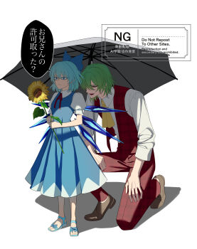Rule 34 | 1boy, 1girl, absurdres, blue bow, blue dress, blue eyes, blue hair, blue sandals, bow, brown shoes, cirno, closed mouth, commentary request, dress, expressionless, fairy, flower, from behind, genderswap, genderswap (ftm), green hair, height difference, highres, holding, holding umbrella, ice, ice wings, kazami yuuka, long sleeves, medium hair, neckerchief, nubezon, open mouth, pants, plaid clothes, plaid pants, plaid vest, red eyes, red pants, red vest, sandals, shirt, shoes, short sleeves, smile, speech bubble, sunflower, touhou, translation request, umbrella, vest, watermark, white background, white shirt, wings, yellow neckerchief