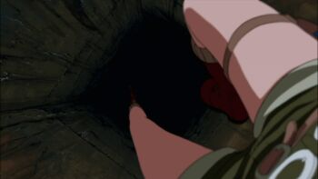 1boy 1girl animated animated_gif black_hair breasts cleavage grin hanging legs looking_at_another midriff nami_(one_piece) navel one_piece orange_hair shorts smile strangling struggling upside-down usopp