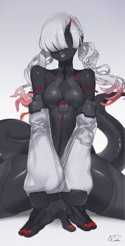 1girl absurdres bare_shoulders black_horns black_skin bodysuit breasts cleavage_cutout clothing_cutout colored_skin colored_tips echanis_enicha gradient_horns highres horns large_hands long_hair monster_girl multicolored_hair multicolored_horns open_mouth original red_hair red_horns red_nails sharp_teeth signature single_horn skin_tight solo tail teeth twintails white_hair white_sleeves