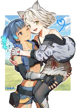 2girls absurdres animal_ears bare_shoulders black_pantyhose blue_hair blue_shorts blue_sky blush border carrying carrying_person cat_ears chest_jewel closed_mouth cloud commentary_request core_crystal_(xenoblade) dark-skinned_female dark_skin fangs fingerless_gloves gloves green_eyes grey_gloves grey_hair highres looking_at_another looking_at_viewer midriff mio_(xenoblade) multiple_girls one_eye_closed open_mouth outside_border pantyhose rico_ot sena_(xenoblade) short_hair short_shorts shorts sky smile stomach white_border xenoblade_chronicles_(series) xenoblade_chronicles_3