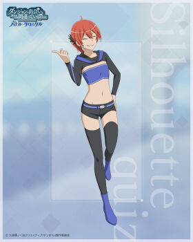1girl =_= ahoge bandeau belt black_shorts black_thighhighs blue_bandeau blue_belt blue_boots boots border commentary_request copyright_logo copyright_name copyright_notice danmachi_battle_chronicle double-parted_bangs dungeon_ni_deai_wo_motomeru_no_wa_machigatteiru_darou_ka flat_chest full_body grey_border grin hair_between_eyes hand_on_own_hip hand_up highres logo loki_(danmachi) midriff official_art orange_hair ponytail second-party_source short_shorts shorts smile solo standing stomach thighhighs