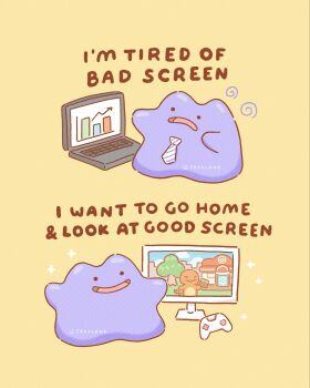 Rule 34 | arrow (symbol), artist name, charmander, clothed pokemon, commentary, computer, controller, ditto, english commentary, english text, game controller, gen 1 pokemon, graph, highres, laptop, multiple views, necktie, nintendo, no humans, open mouth, pokemon, pokemon (creature), pokemon pokopia, simple background, solid circle eyes, sparkle, squiggle, striped clothes, striped necktie, television, trxyland, yellow background