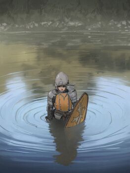 1boy absurdres armor averting_eyes breastplate chainmail faulds helm helmet highres knight male_focus medieval notfuji original outdoors partially_submerged ripples shield shoulder_armor solo water